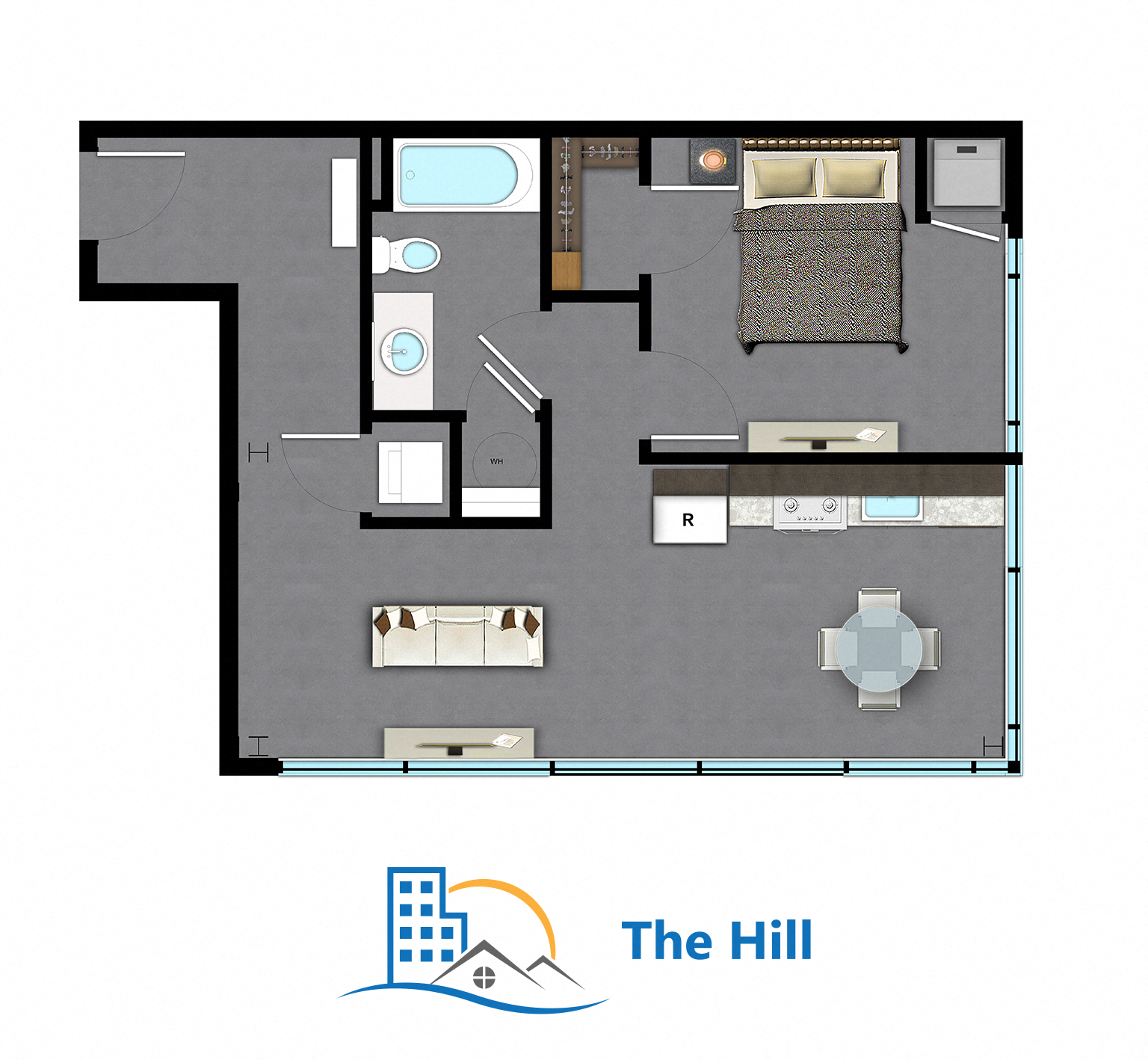 Floor plan for 1 bed, 1 bath, 574 sqft